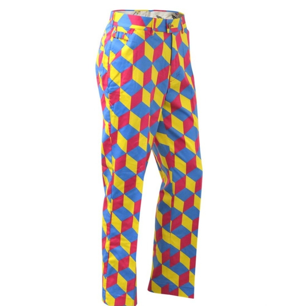 Royal & Awesome Mens Golf Pants Blue Yellow Red Geometric 3D Cube Print Trousers